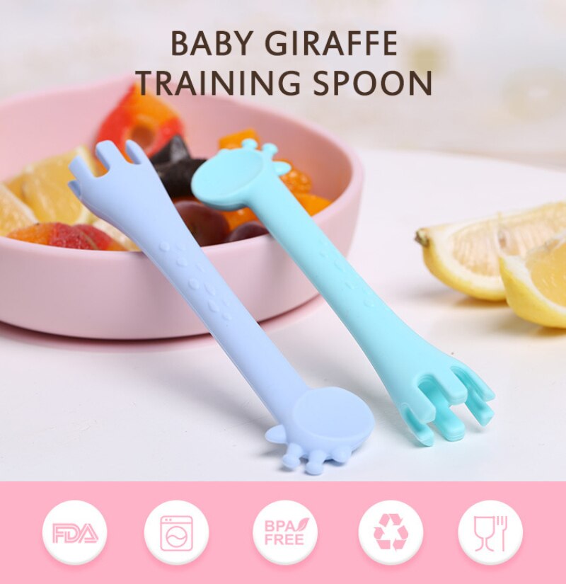 Giraffe Training Spoon Baby Children Tableware Feeding Spoon Baby Supplementary Food Cartoon Silicone Giraffe Fork Spoon 4 Color