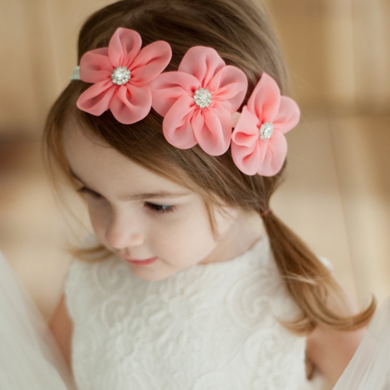 Ribbon Pearl Diamond Hairband Newborn Hair bands Sewing 3 Flowers Headband Kids Hair Accessories for Girls