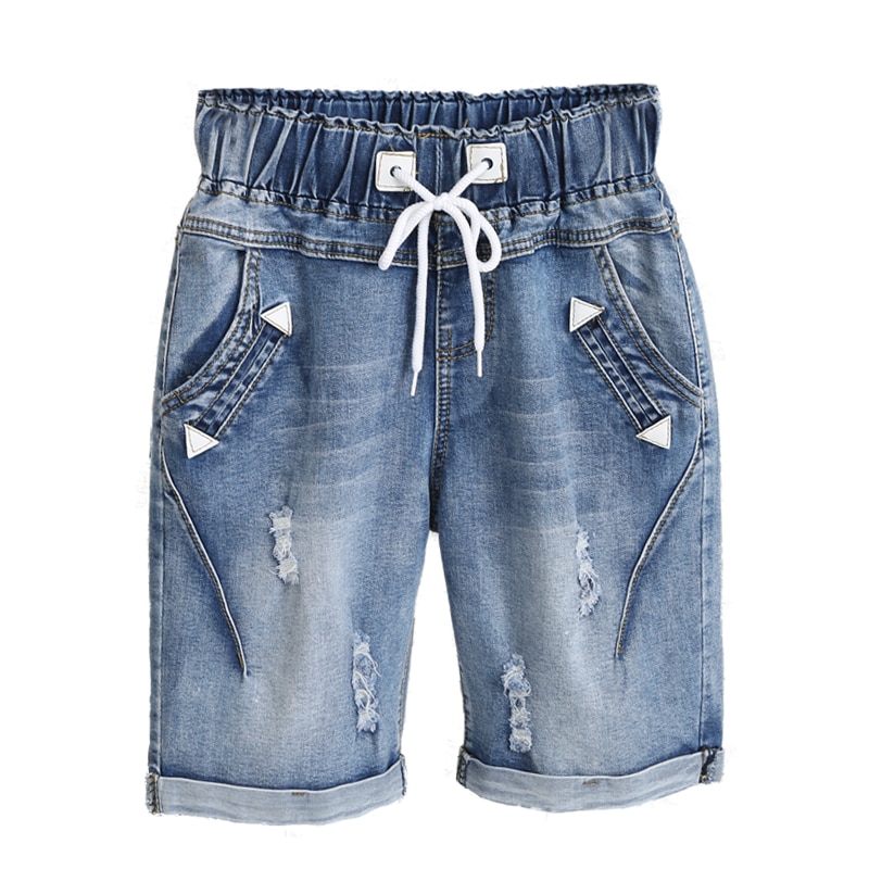 Été denim shorts cinq points jeans shorts femme taille élastique grande taille décontracté lâche trou denim shorts avec poches