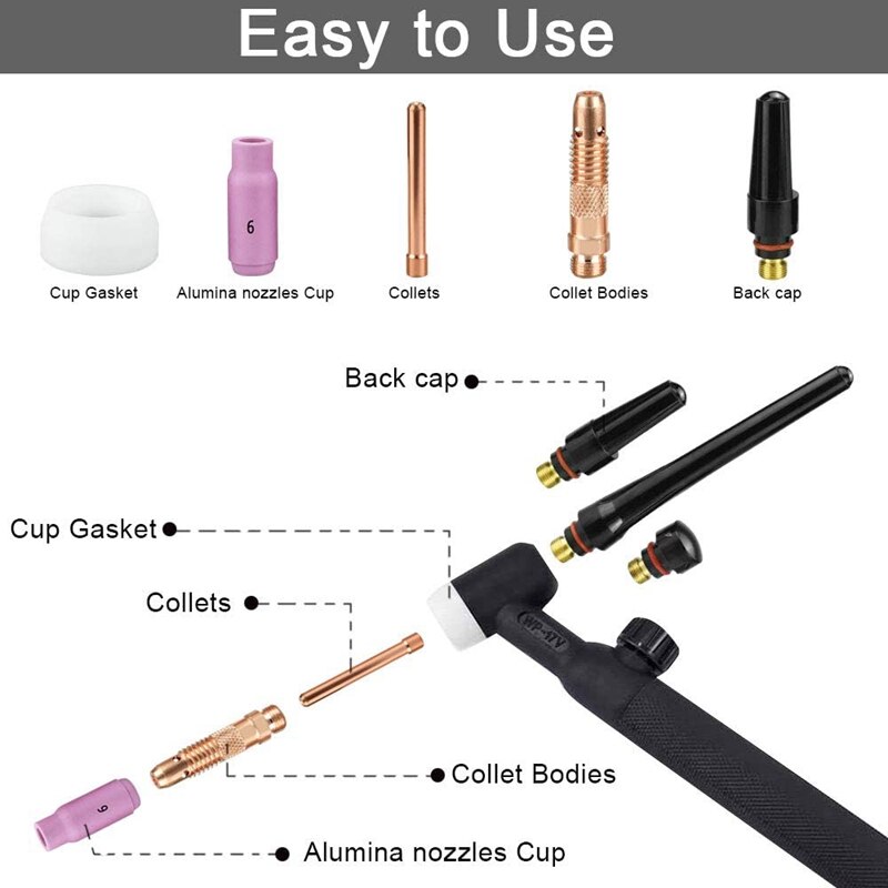 16 Uds accesorios de antorcha de soldadura TIG de copa Collet junta, consumibles, Kit de soldadura TIG antorcha suministros para WP-17/18/26