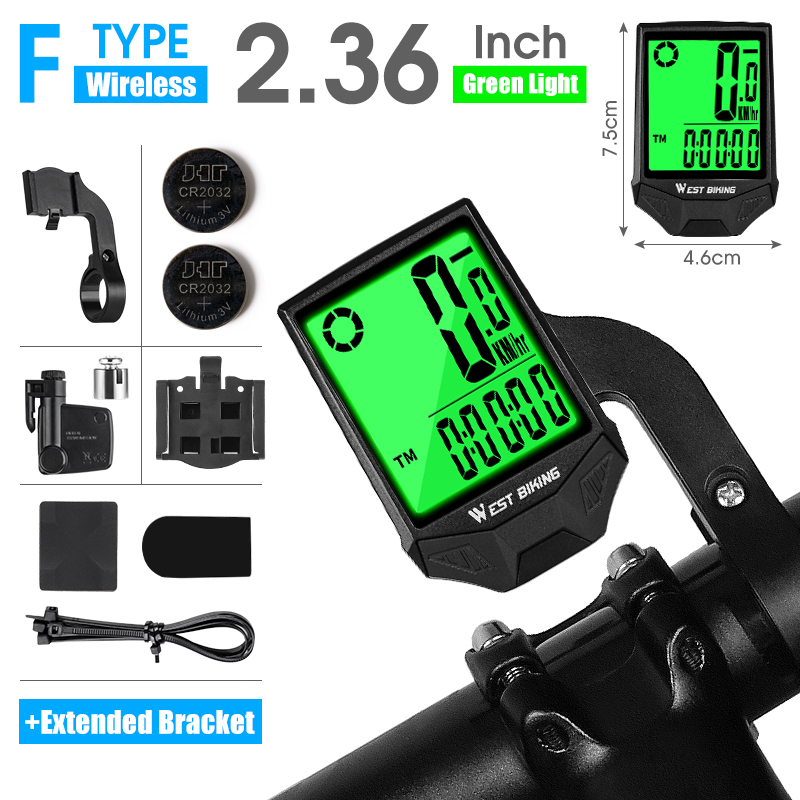 WEST BIKING-velocímetro de ciclismo, ordenador con pantalla grande de 2,8 pulgadas, resistente al agua, 20 funciones, inalámbrico y con cable, para bicicleta de montaña: F Wireless Green