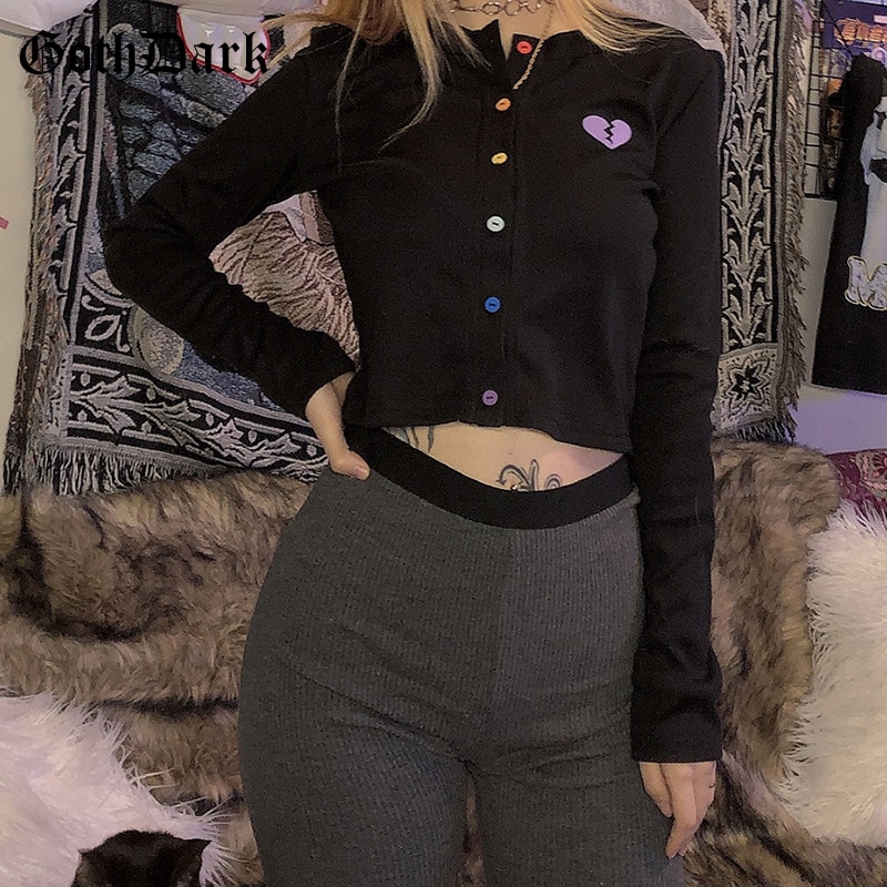 Goth Dark Long Sleeve Gothic T-shirts Women Harajuku Punk Grunge Autumn Winter Cropped Female T-shirt Button