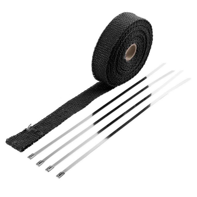Rollo de cinta térmica de fibra de vidrio para escape de motocicleta, protector térmico para tubo de escape, protección térmica con bridas de acero inoxidable, 5M