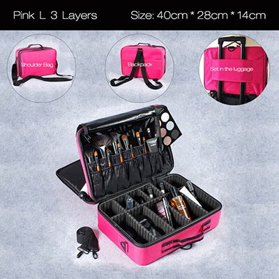 Women Brand Cosmetic Bag Travel Makeup Organizer Make Up Box Cosmetics Pouch Bags Beauty Case For Makeup Artist: Pink  L  3   Layers