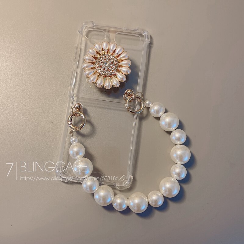 Pearl Bracelet Rhinestone Holder Phone Case For Samsung Galaxy Z Flip 3 Hand Chain Clear Shockproof Z Flip Cover: Galaxy Z Flip / 1