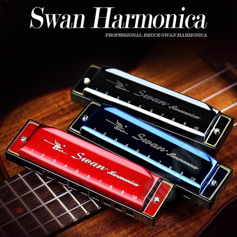 SWAN Harmonica 10 Gat van C Diatonische Blues Harp Rood/Zwart/Blauw