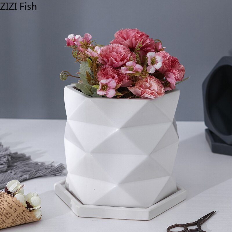 Keramik Blumentopf Geometrische Hexagon Amerikanischen Schreibtisch drinnen und draussen Topf Fleischigen Grünen Dill Rose Topf mit Tablett Heimat Dekor