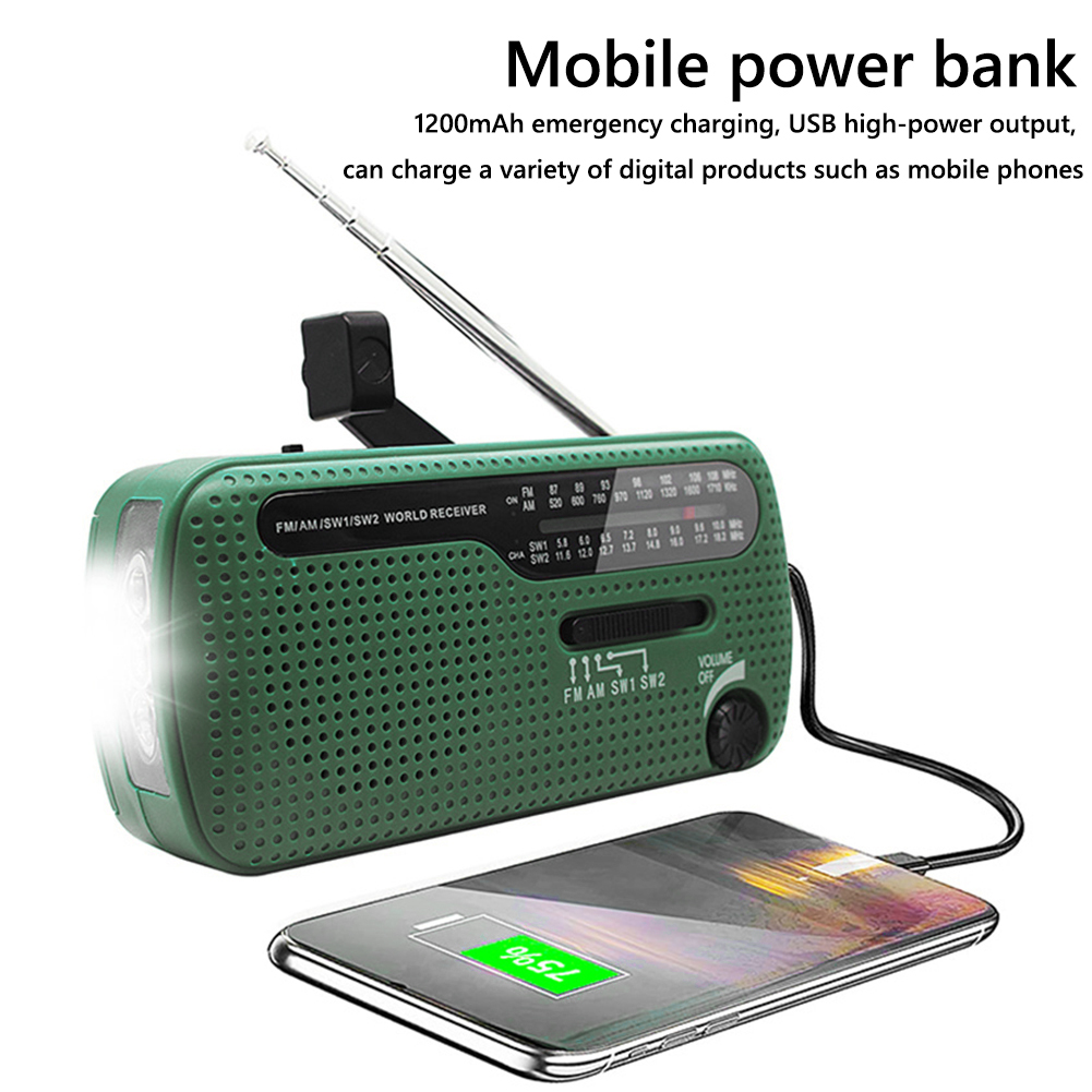 Multifunctional Hand Crank Solar Powered Radio AM/FM/SW Weather Radio Emergency LED Flashlight Power Bank USB Cellphone Charger: Green