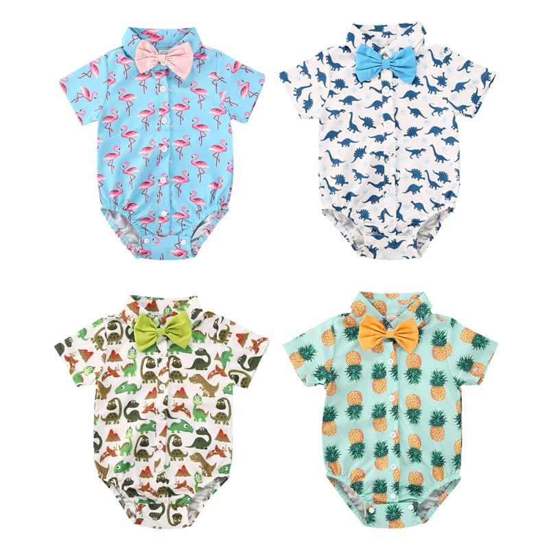 0-18M Nieuw Zomer Gentleman Kinderen Jongens Body 4 Kleuren Boog Korte Mouw Print Enkele Breasted Jumpsuits