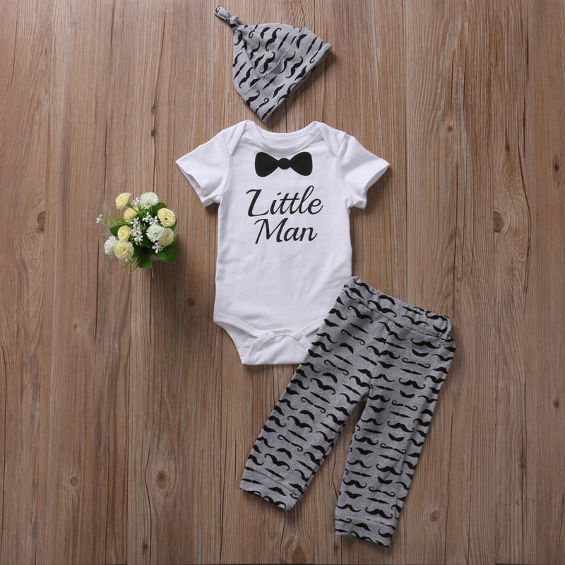 Newborn Baby Boys Clothing Set Little Man Romper Pants Hat Jumpsuit 3pcs Baby Casual Outfits Set Clotehs 0-18M: 12M