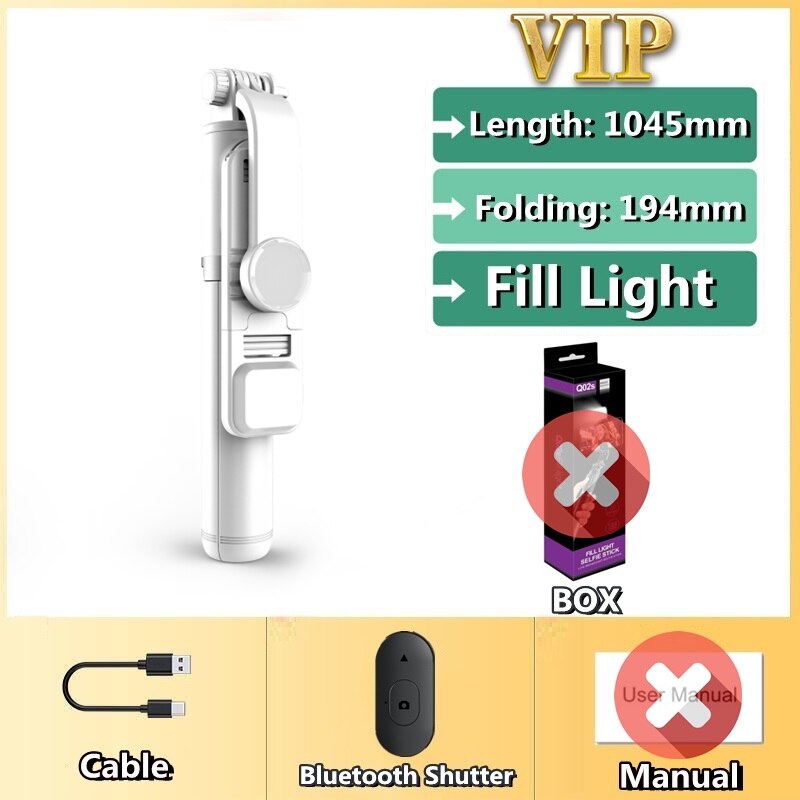 FANGTUOSI Wireless selfie stick tripod Bluetooth Foldable Monopod With Led light remote shutter For iphone: Withe With Light