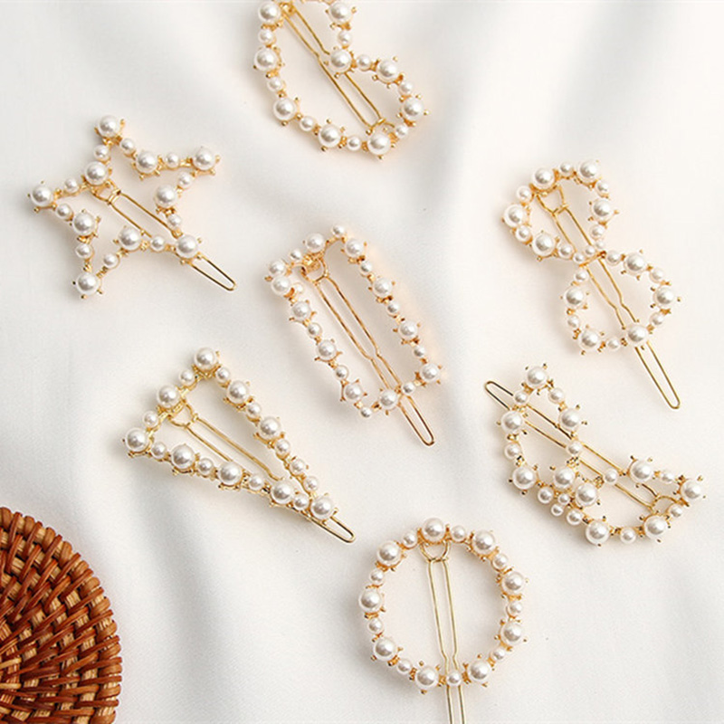 Pinza de pelo con perlas de imitación para mujer, broches de pelo hechos a mano con broche de estrella y corazón, accesorios geométricos para el cabello de Corea, 1 ud.