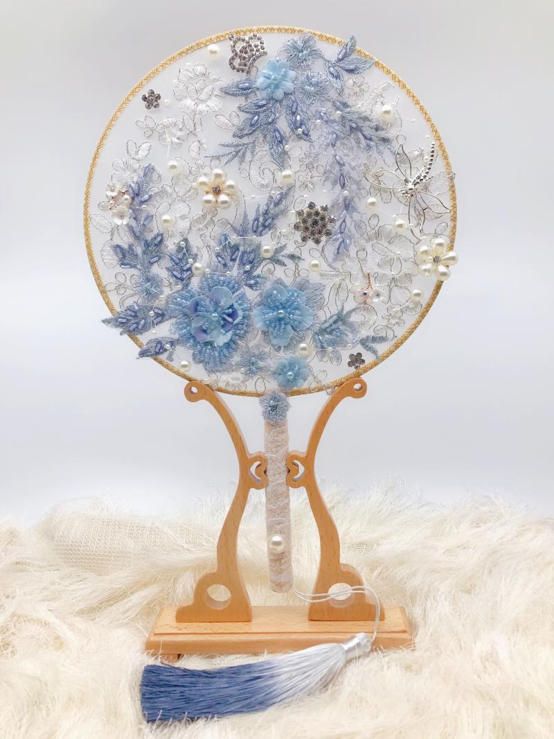 JaneVini nouvelle broche de mariée perlée Bouquet ventilateur bleu violet perles cristaux fleurs bijoux de luxe mariée Bouquets de mariage: Blue