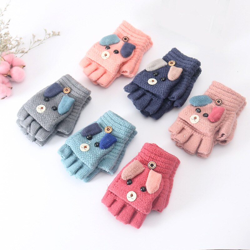 1 Paar Winter Warm Kids Jongens Meisjes Handschoenen Leuke Dier Patroon Breien Wol Mooie Half Vinger Handschoenen Voor Kinderen