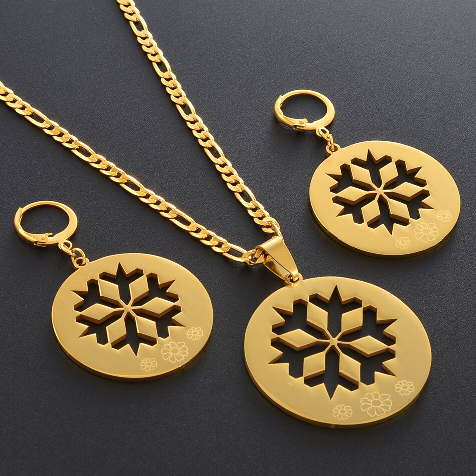 Anniyo Flower sets Pendant Necklaces and Earrings Jewellery se for Women Gold Color Hawaii Marshall Pohnpei Guam Kundu #078621P