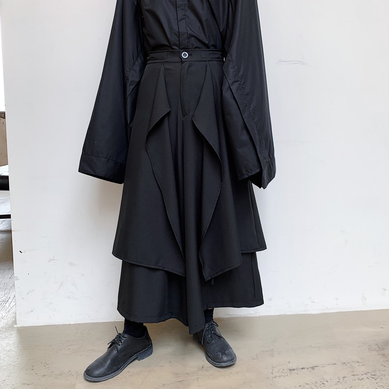 Miehet rento mustat leveät lahkeet housuhameet miespuoliset naiset japani katuvaatteet punk gootti kimono housut haaremi housut näyttämövaatteet