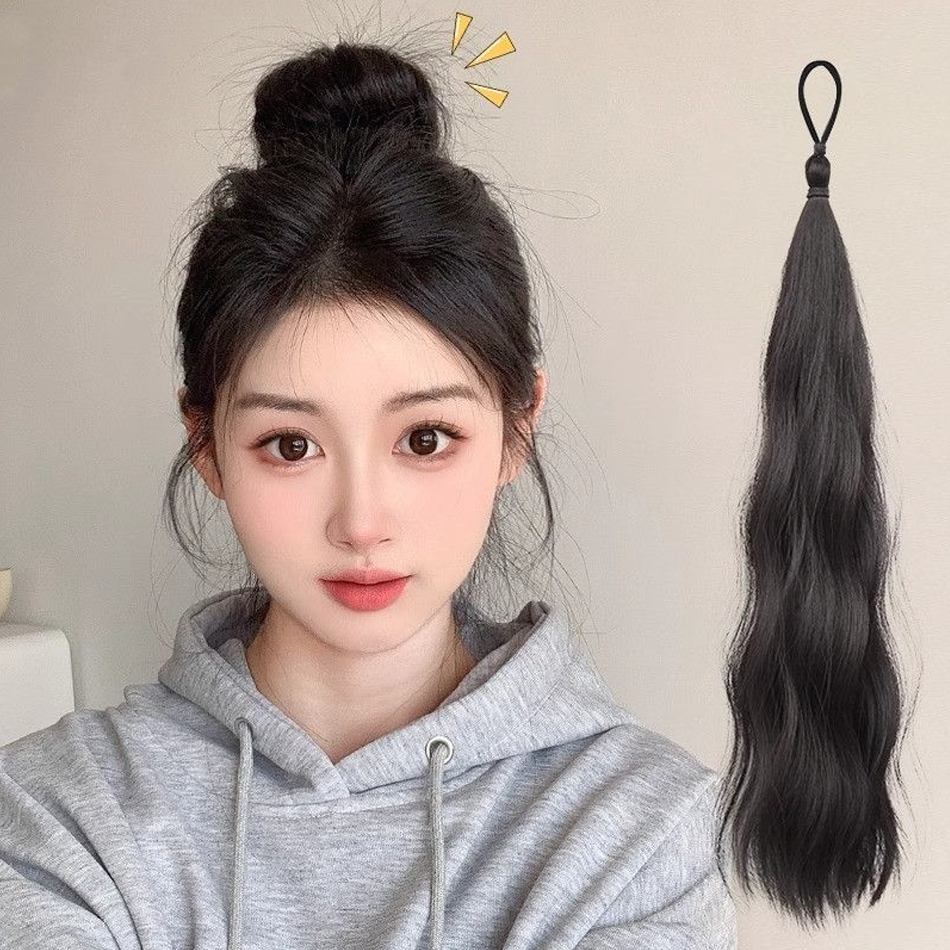 Paquete de pelo sintético de 50cm con lazo elástico, moño de pelo DIY, cola de caballo para aumentar el cabello, peluca con cabeza de bola Natural esponjosa