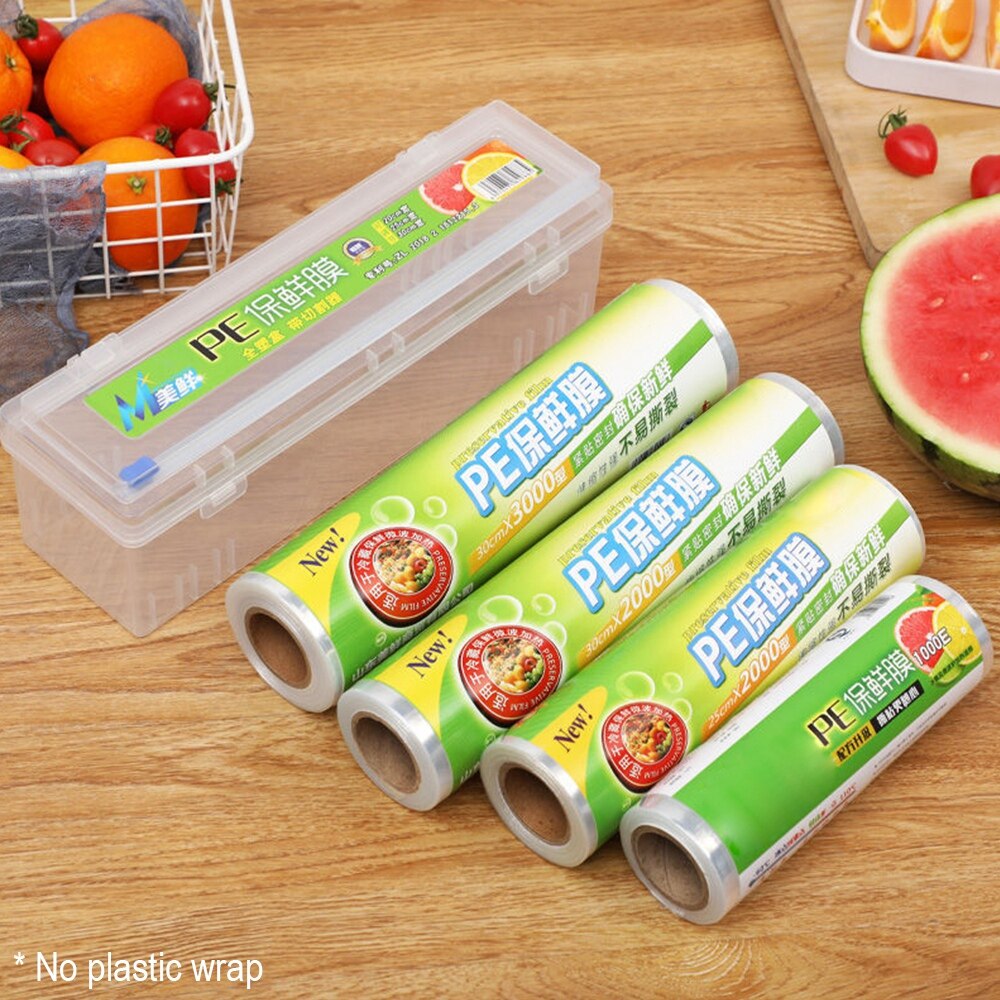 Plastic Food Wrap Dispenser With Slide Cutter Adjustable Cling Film Cutter Preservation Foil Storage Box With Suction Bottom