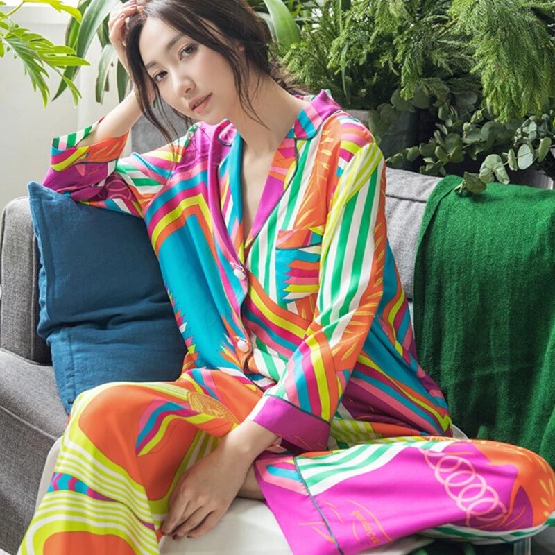 Kvinder silke pyjamas efterår koreansk nattøj løs cardigan lange ærmer bukser sæt 2 dele sexet satin pyjamas hjemmetøj