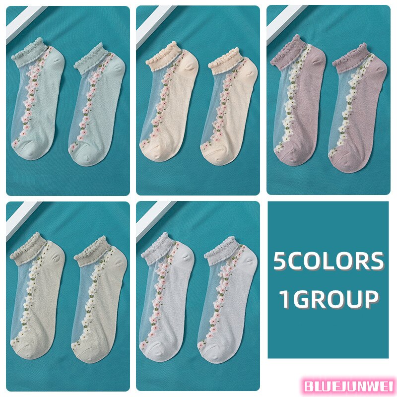 5 paires de chaussettes pour femmes, été, motif floral, chaussettes en soie, cristal, douces, en coton, respirantes, à la cheville: 8