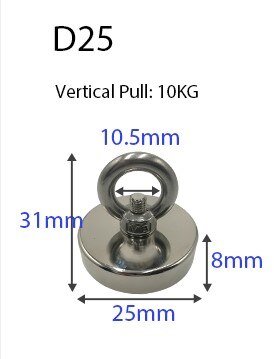 10 meters long Fishing Magnets Rope Suitable for Deep Sea Salvage Strong Search Magnets Fishing Pot Fishing Magnets 10KG -150KG: D25 (10KG Max)