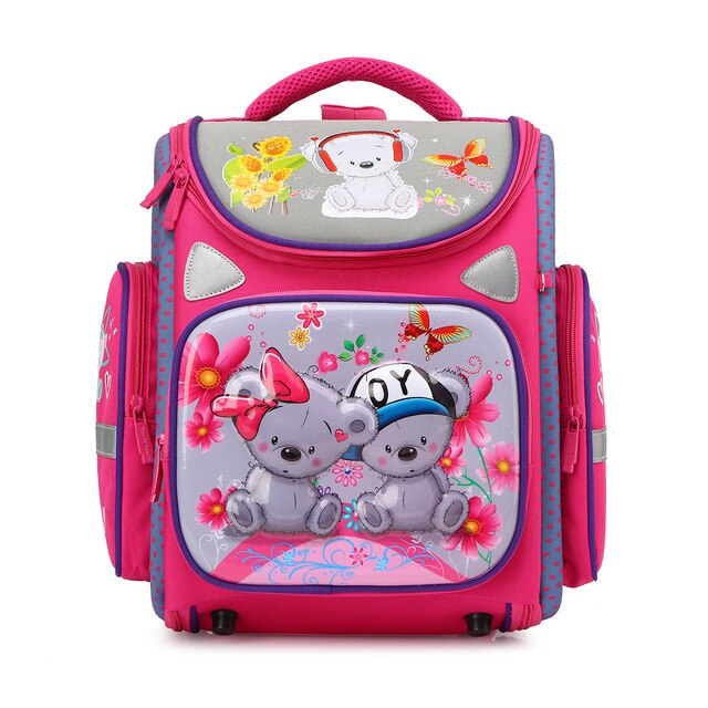 Orthopedic School Bags For Girls Cartoon Cat 3D Folded Backpacks Boys Waterproof Children School Bag Kids Mochila Escolar: pink bear