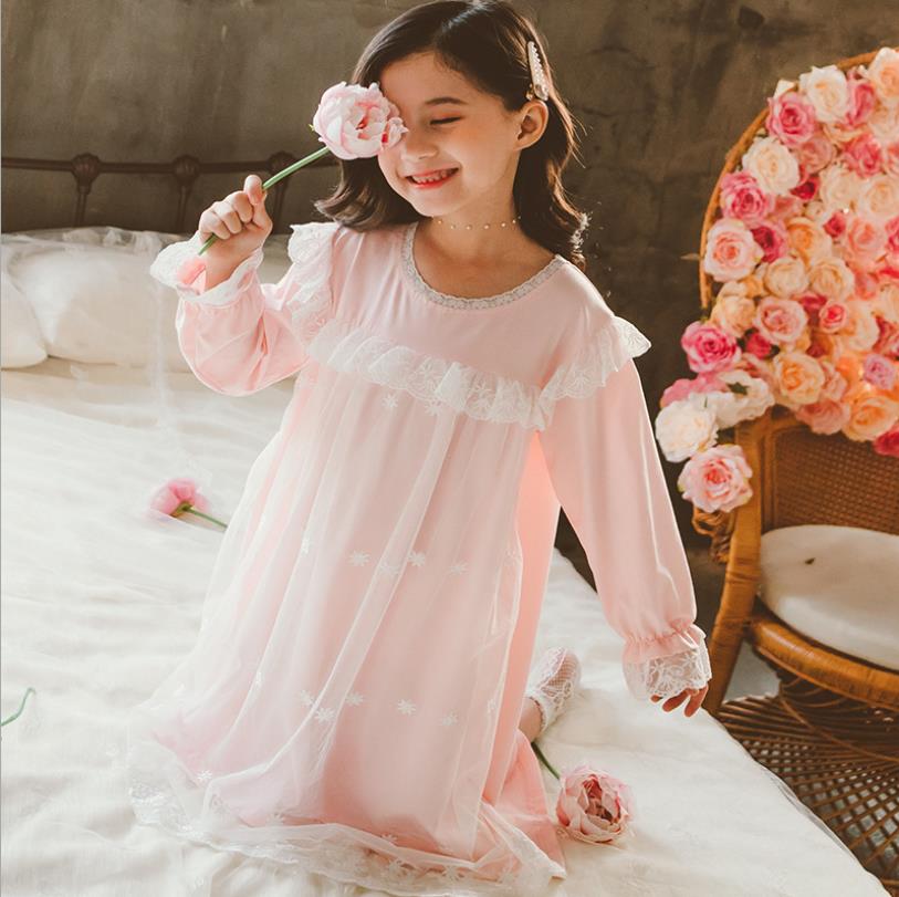 Cotton princess embroidery sleep dress spring mesh patchwork cotton home clthes girls sleep wear ws1391