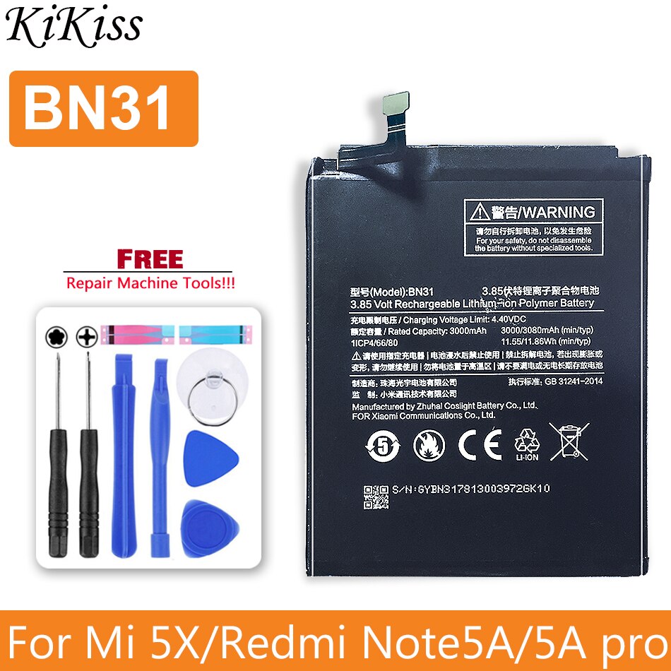 Bateria bm47 para xiaomi redmi 4x 3 3s 3pro/redmi 5 plus 5a/redmi note 4 4x bataria 5a 3 pro bm 47 46 bn 41 43 bm46 bn41 bn43: BN31-Redmi Note 5A