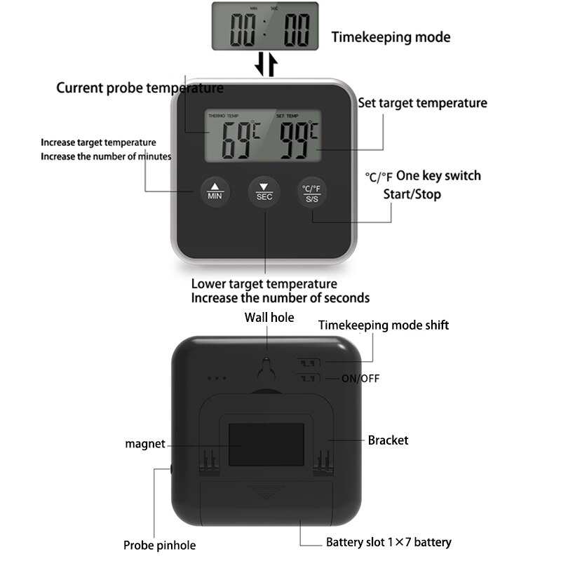 Digital bbq kogeovn termometer kød køkken mad temperaturmåler til grill timer funktion med rustfri stål sonde