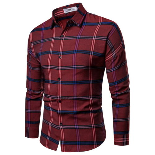 Mænds luksus afslappet ternet skjorte langærmet slim fit plaid business kjole skjorter toppe: Rød / Xxl