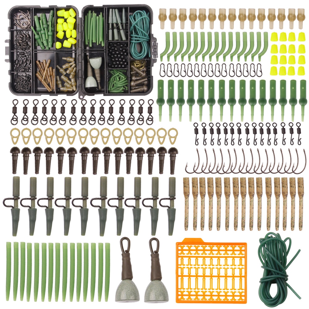 214Pcs/Box Carp Fishing Tackle Kit Including Hooks Swivels Beads Lead Sinker Anti Tangle Sleeves Baits Terminal Tackle