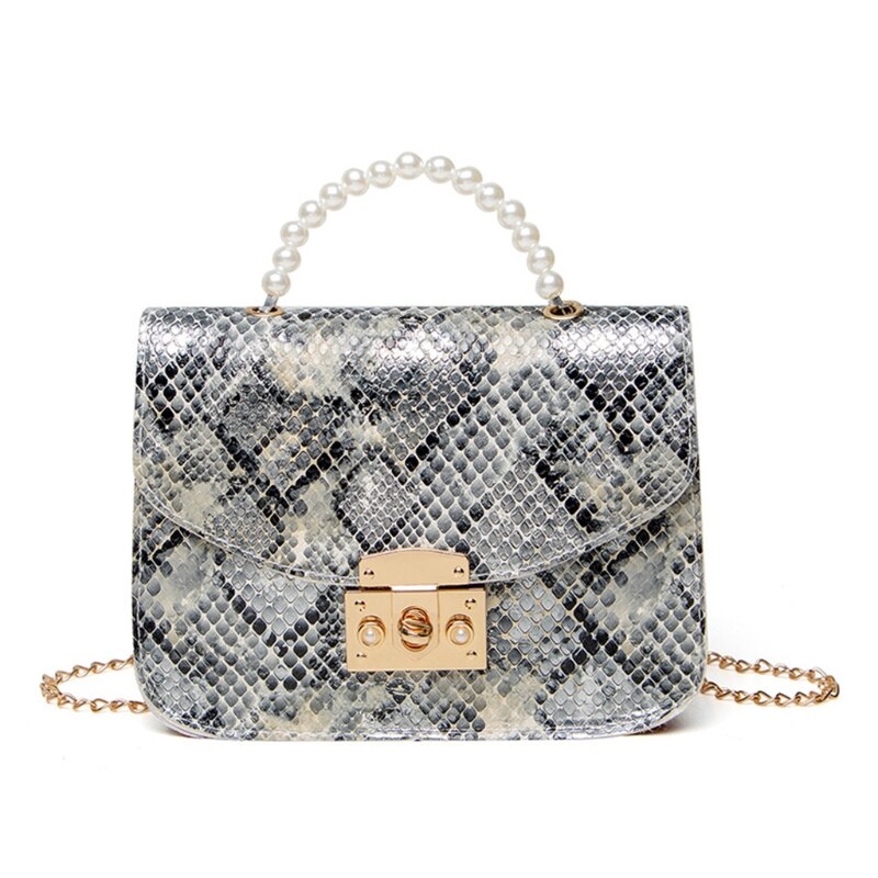 Pu-leder-schultertaschen für damen, schlangenleder-mini-geldbörse, retro-quadrattasche, ketten-umhängetasche, handtaschen mit perlengriff: Silber