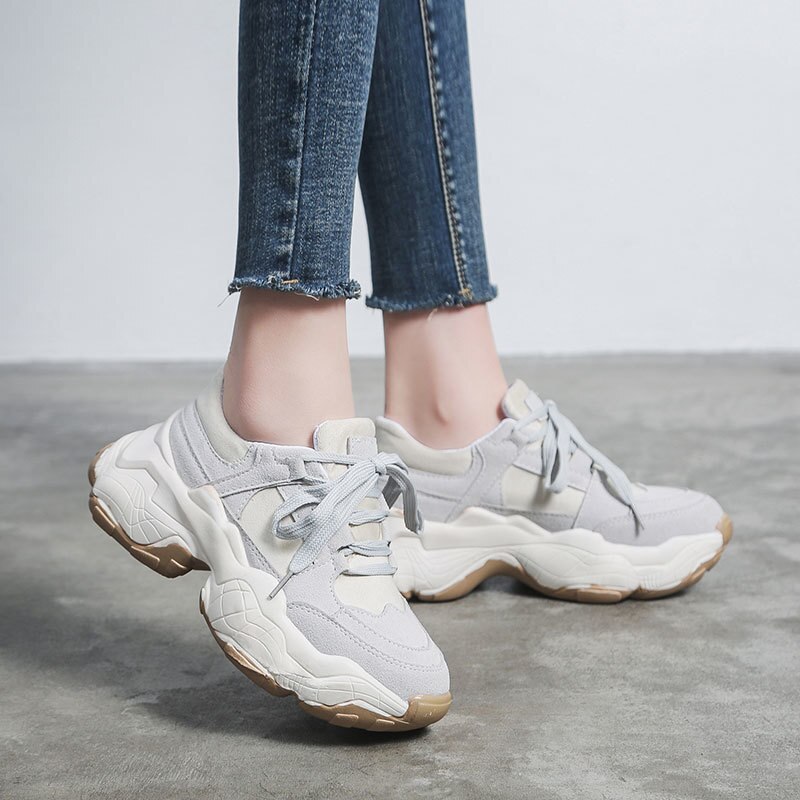 Women's Platform Sneakers - Chunky Lace-Up - Breathable Canvas Running Shoes - Akexiya