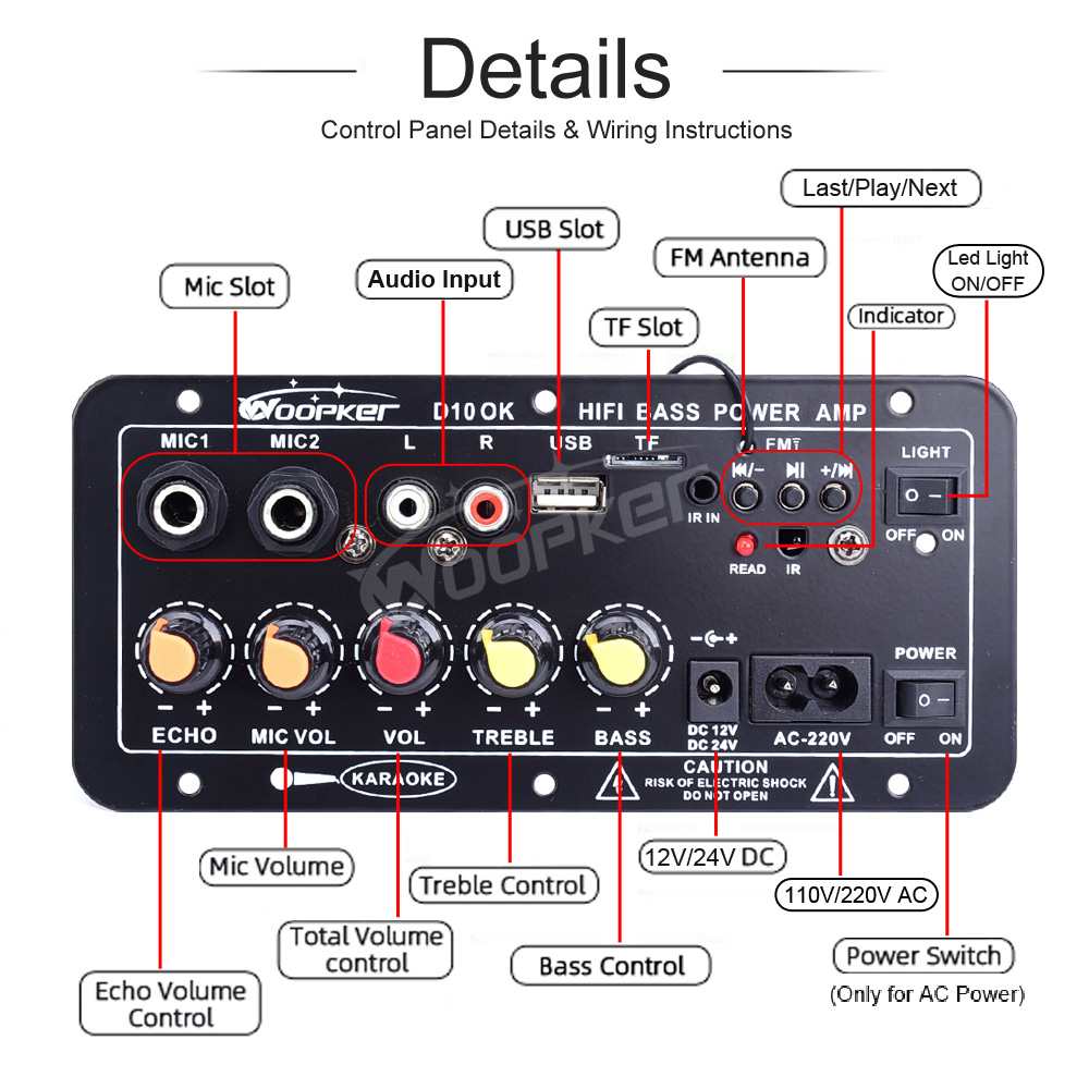 Woopker-placa amplificadora de Audio, 30-120W, compatible con micrófono Dual, Bluetooth, amplificador Subwoof para altavoz de 4Ohm, 12V, 24V, 110V, 220V
