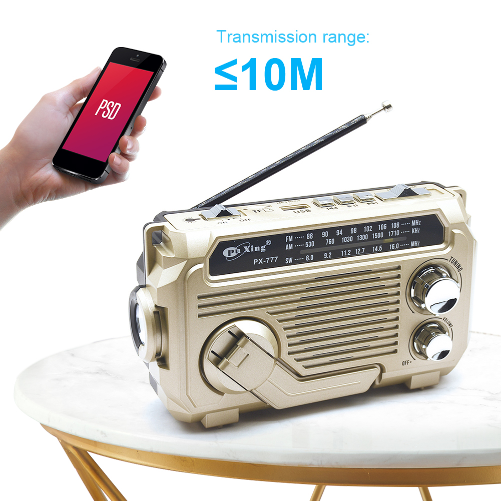 Radio de emergencia con manivela de PX-777, Radio portátil con energía Solar, banda AM/FM/SW con linterna LED, altavoz BT para emergencias