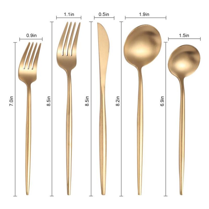 5 Stks/set Matte Rose Goud Zilver Ware Set 304 Roestvrij Staal Bestek Steak Mes Vork Lepel Dessertlepel Set: 5pcs gold set