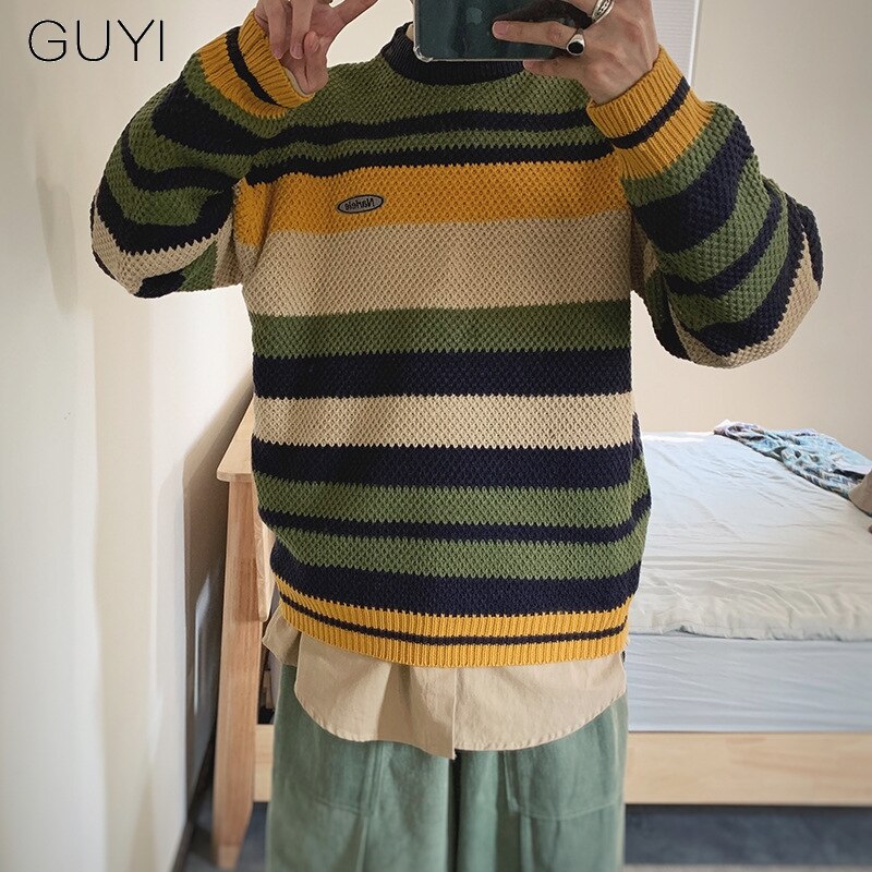 Guyi japanse stijl gestreepte los gebreide truien pullovers heren herfst winter retro casual mannelijke luie jongere trui vintage top