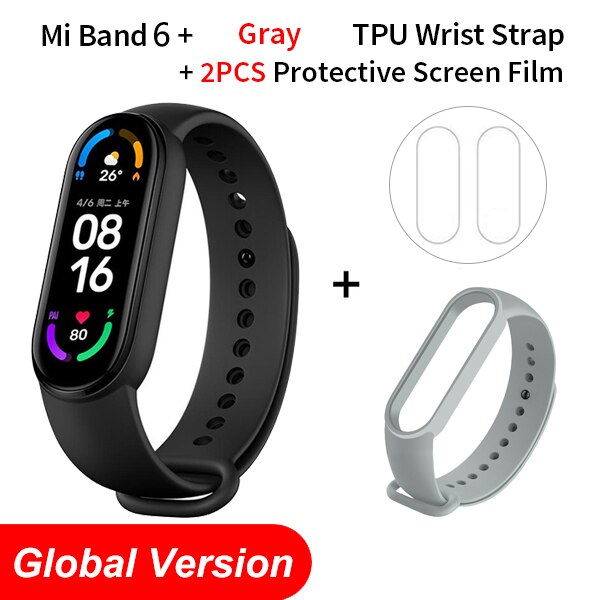 Global Version Xiaomi Mi Band 6 AMOLED Screen Blood Oxygen Fitness Traker Heart Rate 5ATM Waterproof Smart Band 5 Color Bracelet: Global N Grey Strap