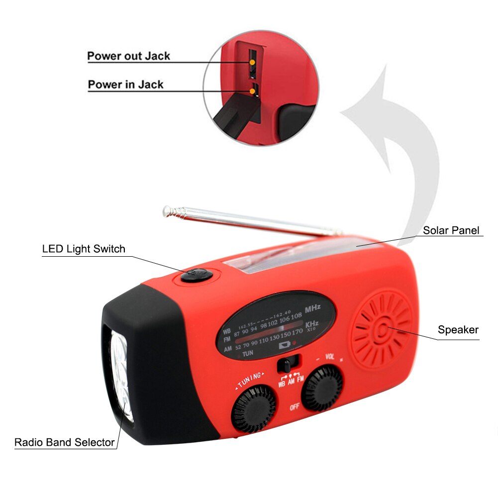 Portable Hand Radio Solar Crank AM/FM/NOAA Weather Radio Emergency Flashlight USB Charging Multifunctional Hand Crank