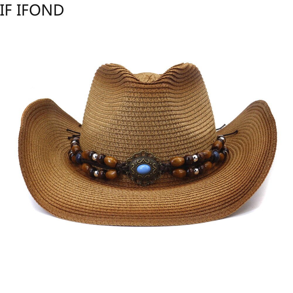 Handmade Straw Summer Western Cowboy Hat Women Men False Gem Decoration Panama Beach Cowgirl Hat 56-58CM