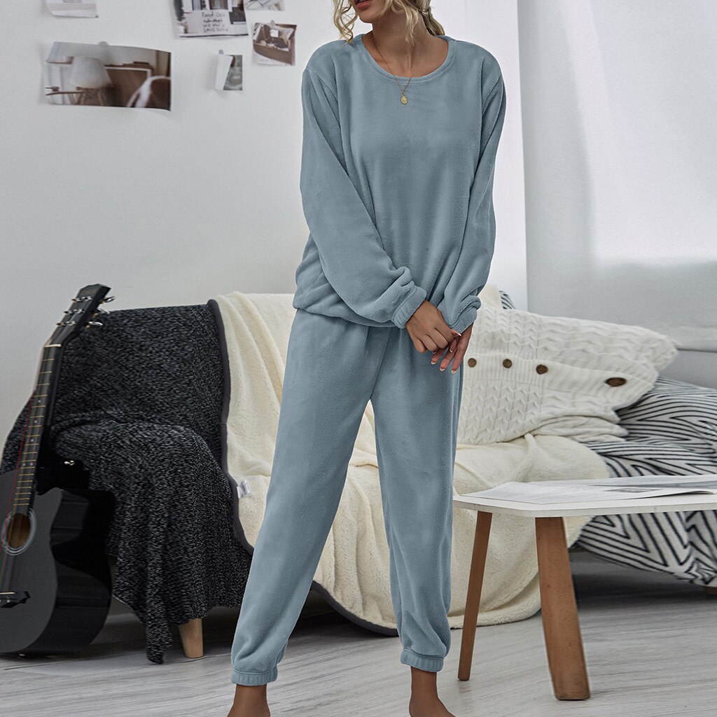 Winter Warme Pyjama 2 Stuk Flanellen Pyjama Set Leuke Effen Kleur Lange Broek Nachtkleding Homewear Vrouwen Print Lingerie Ronde hals #30