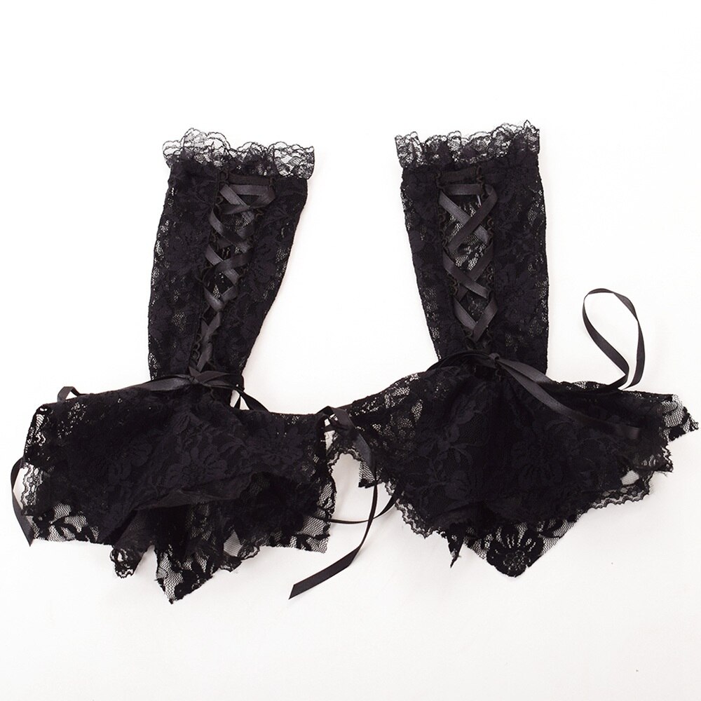 Guantes victorianos de manga de volantes para mujer, manoplas de encaje negro, ropa de mano, muñequera