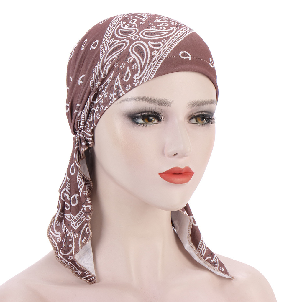 print woman turban hat soft elastic flowers lady muslim headdress wrap head scarf hijab caps turbante female: 4