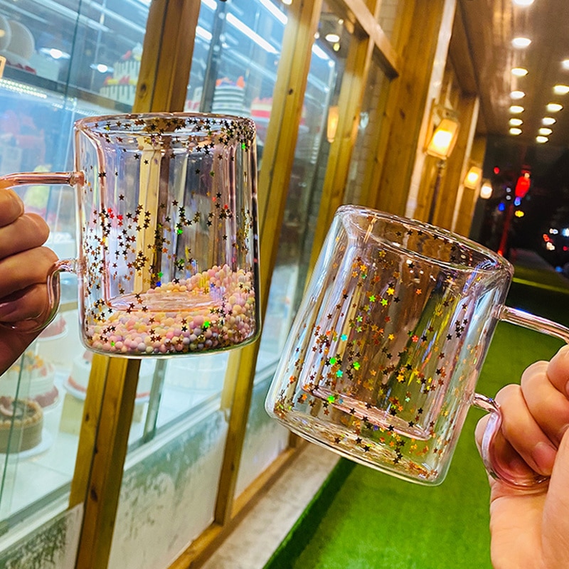 Girly Heart Sequins Korea Star Mug Heat-resistant Glass Double-layer Coffee Cup with Handle