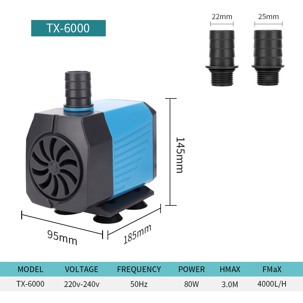 Pompe à eau Submersible 1000-4000L/H, fontaine d'eau de poisson multifonctionnelle Ultra silencieuse pour Aquarium 220V 15W-80W: TX-6000 / AU PLUG