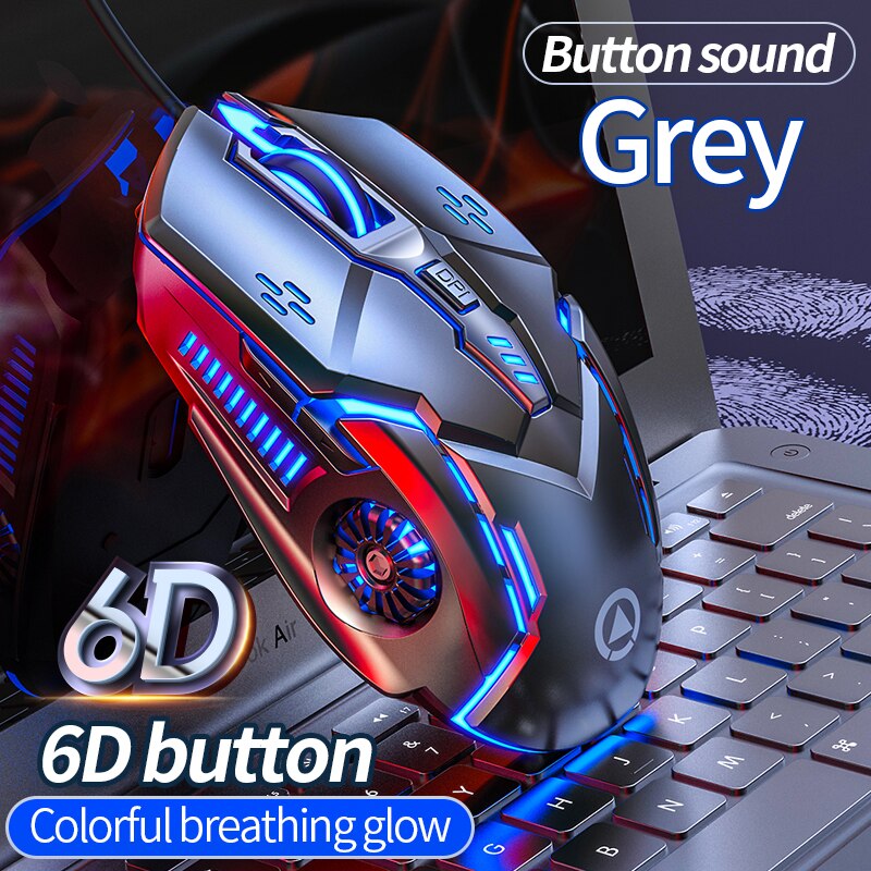Gaming Mouse Silent Click USB Optical Wired PC Laptop Computer 4800DPI Ergonomic Mice with 6 Programmable Buttons: Grey