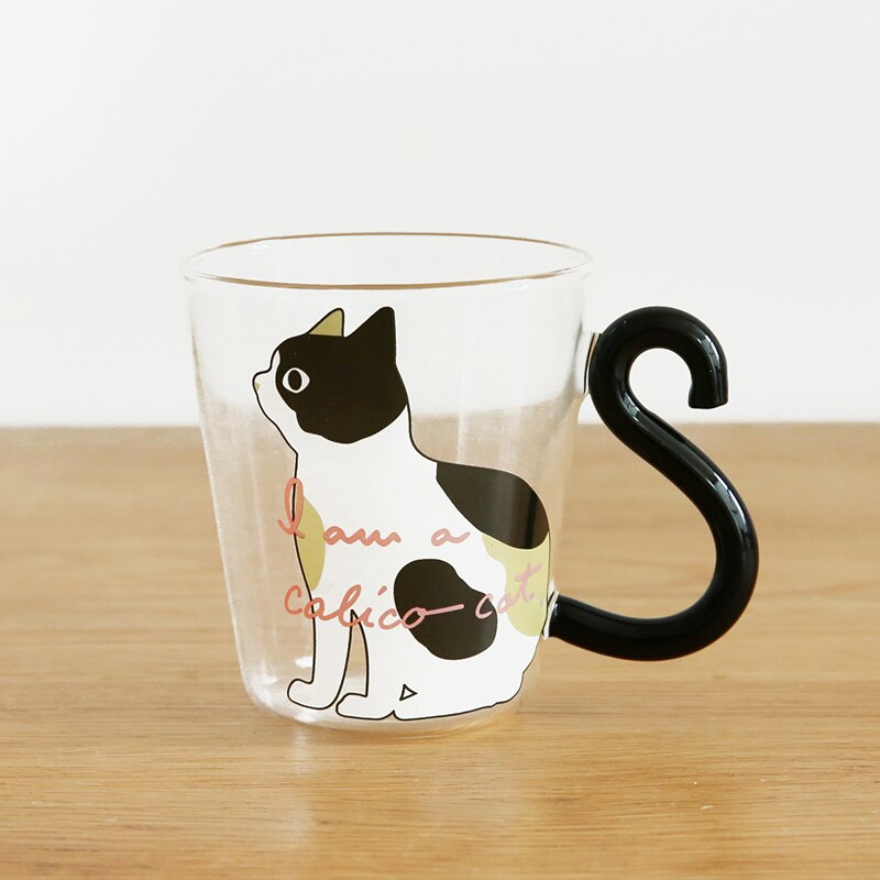 250ML Cute Cat Glass Juice Coffee Cup Milk Tea Coffee Glass Mug Cat Tail Handle Cat Valentine's Day Lover Stainless Spoon: white