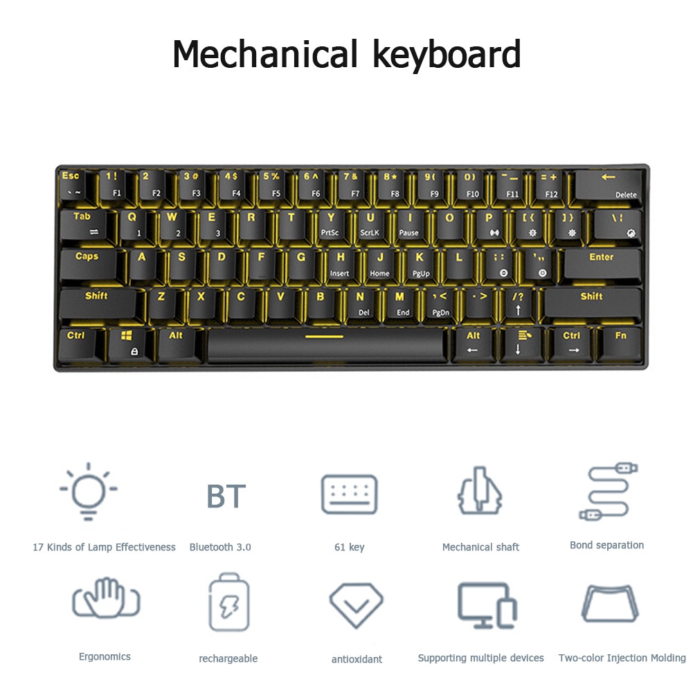 RK61 Wireless Bluetooth Mechanical Gaming Keyboards Slim 61 Keys RGB Single LED Backlit Backlight for Android/Windows/iOS