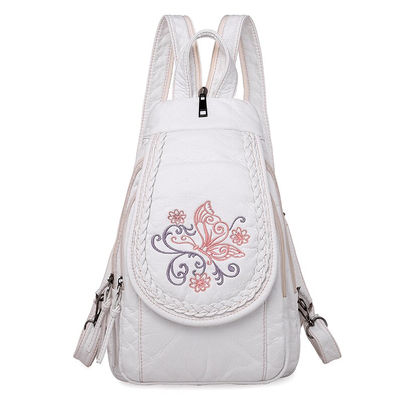 Vrouwen Rugzak Mode Schooltassen Voor Tienermeisjes Wit Lederen Rugzak Borduurwerk Bloemen Rugzak Schoudertassen: White-1