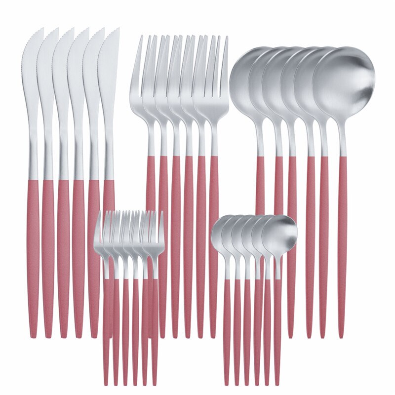 30 Pcs Matte Flatware Tableware Fork Knive Spoon Stainless Steel White Golden Cutlery Set Home Kitchen Tableware Set Dinnerware: pink silver 30pcs